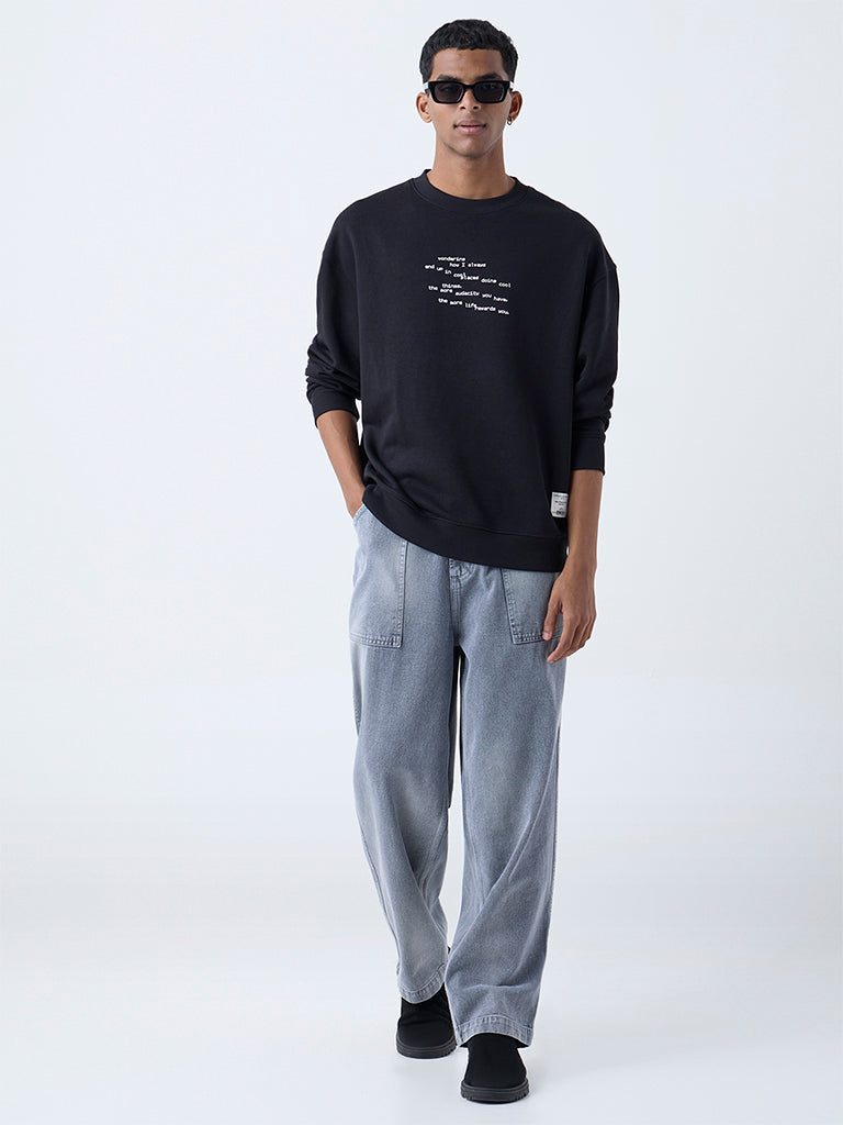 Nuon Black Text Design Relaxed-Fit Cotton Sweatshirt