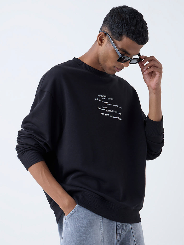 Nuon Black Text Design Relaxed-Fit Cotton Sweatshirt - Image 2