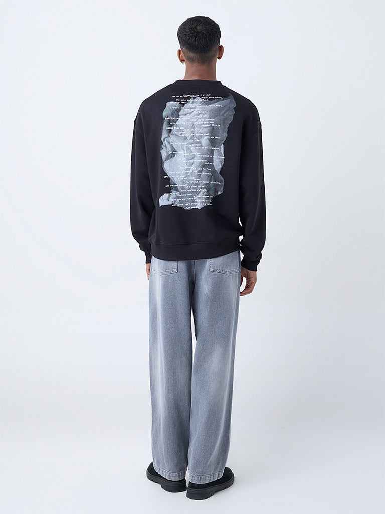 Nuon Black Text Design Relaxed-Fit Cotton Sweatshirt - Image 4