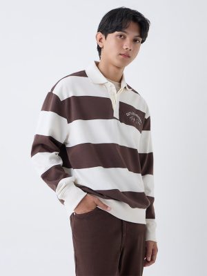 Nuon Dark Brown Striped Relaxed-Fit Polo Sweatshirt