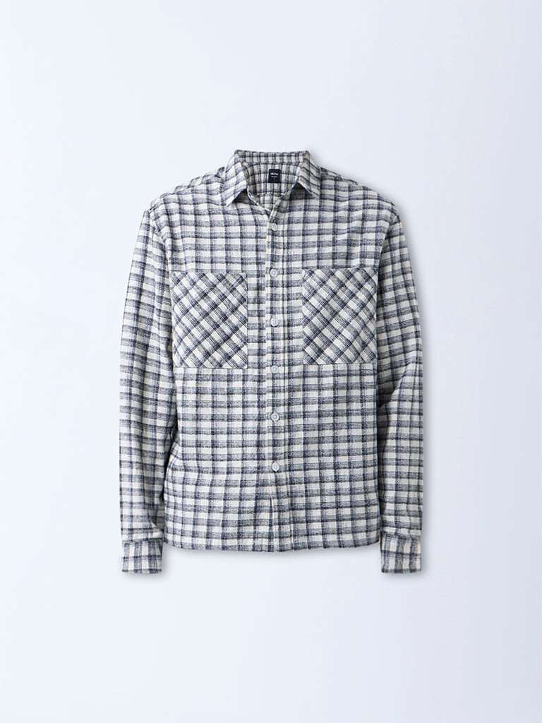 Nuon Off-White Checkered Pattern Relaxed-Fit Cotton Shirt - Image 5
