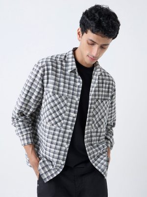 Nuon Off-White Checkered Pattern Relaxed-Fit Cotton Shirt