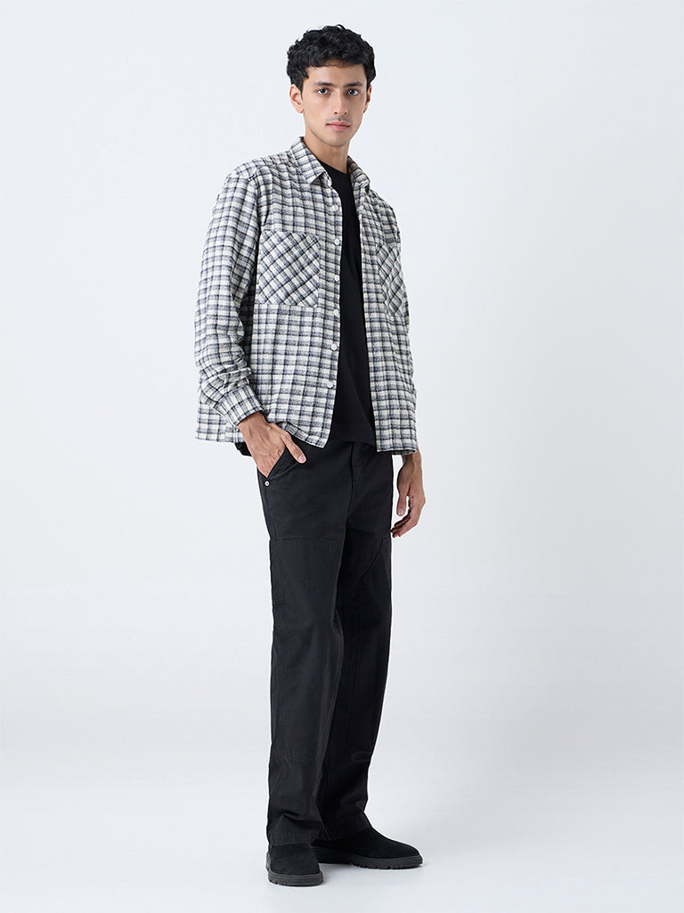Nuon Off-White Checkered Pattern Relaxed-Fit Cotton Shirt - Image 2