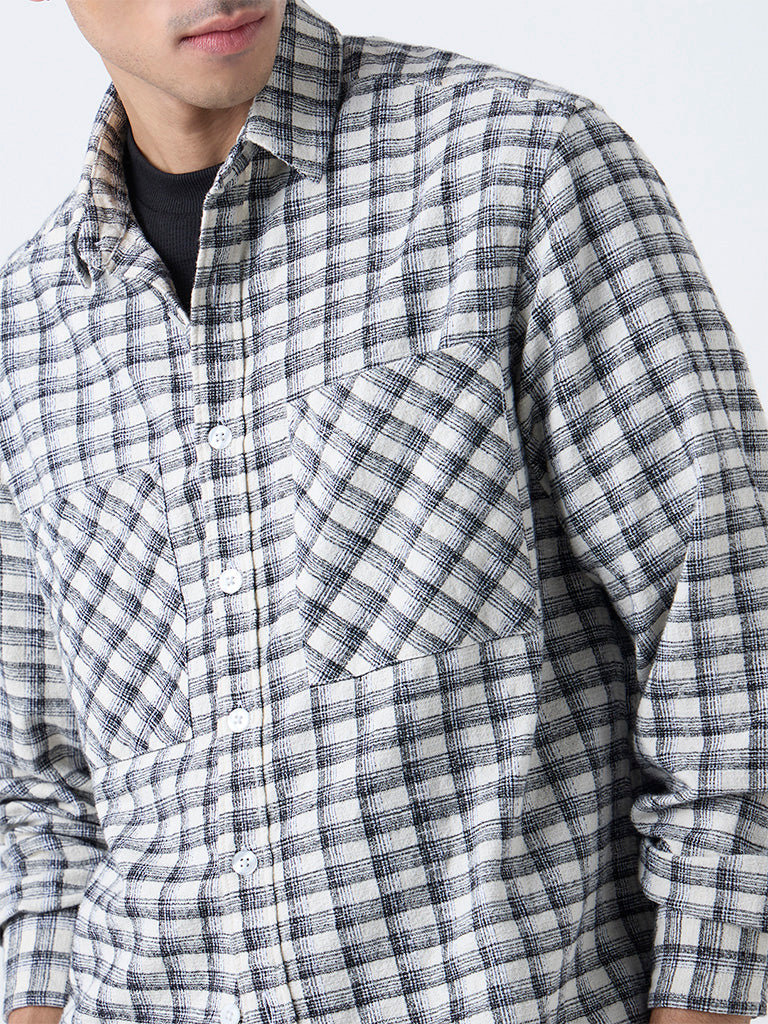 Nuon Off-White Checkered Pattern Relaxed-Fit Cotton Shirt - Image 3