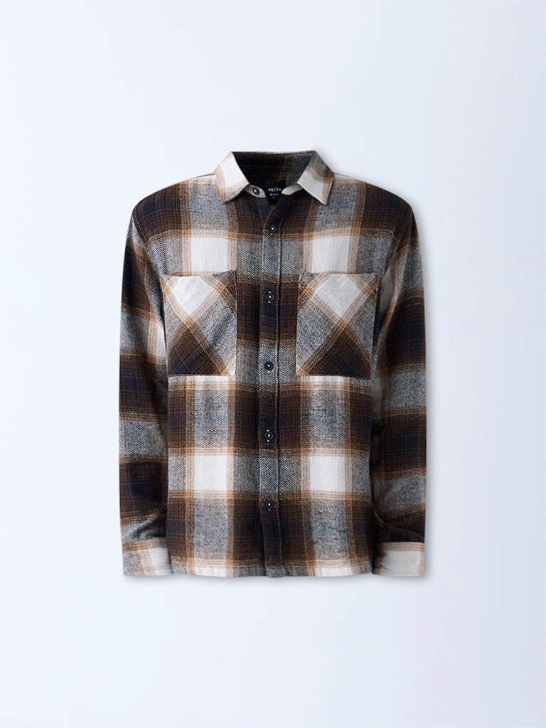 Nuon Brown Checks Design Relaxed-Fit Cotton Shirt - Image 5