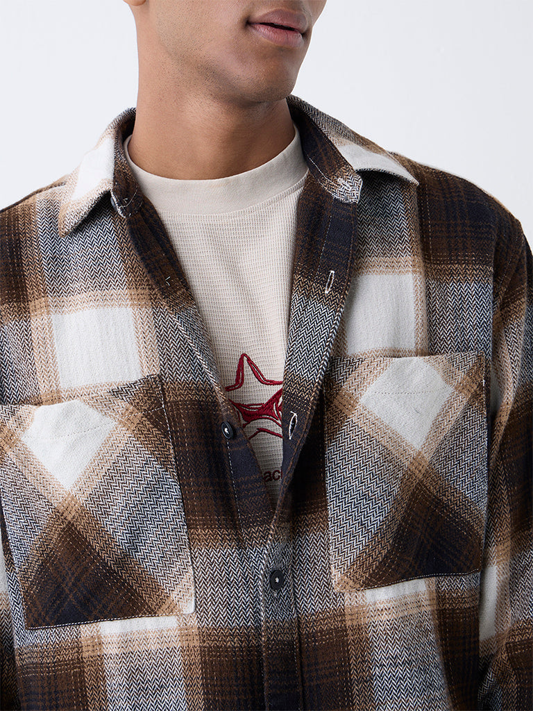 Nuon Brown Checks Design Relaxed-Fit Cotton Shirt - Image 3