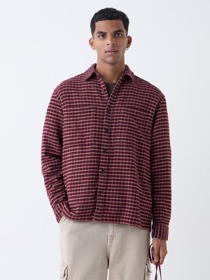 Nuon Maroon Checkered Relaxed-Fit Cotton Shirt