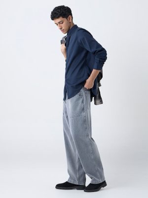 Nuon Navy Solid Slim-Fit Cotton Shirt