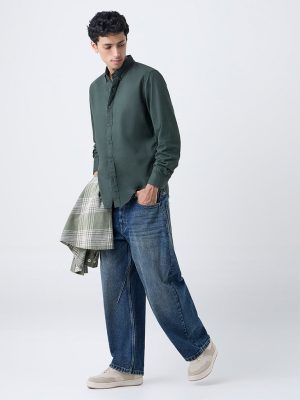 Nuon Olive Solid Slim-Fit Cotton Shirt