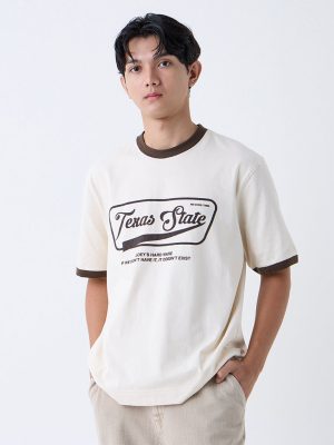 Nuon Beige Text Design Relaxed-Fit Cotton T-Shirt