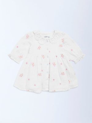 HOP Baby White Floral Embroidered A-Line Cotton Dress