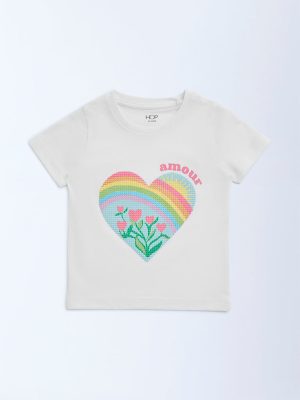 HOP Kids White Heart Printed Cotton T-Shirt