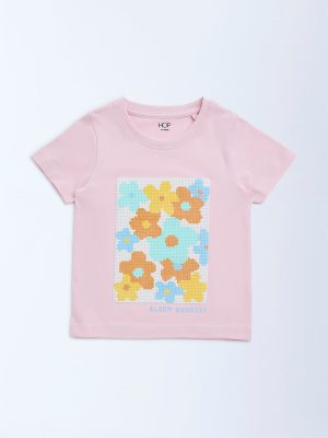 HOP Kids Pink Floral Detailed Cotton T-Shirt