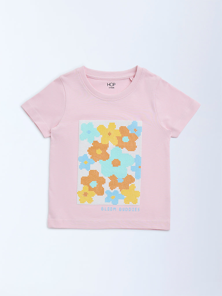 HOP Kids Pink Floral Detailed Cotton T-Shirt