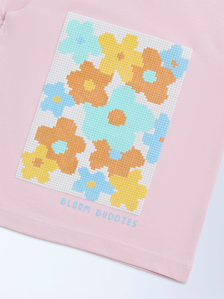 HOP Kids Pink Floral Detailed Cotton T-Shirt - Image 4