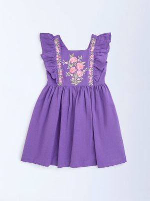 Utsa Kids Purple Floral Embroidered Cotton-Blend A-Line Dress - (2-8yrs)