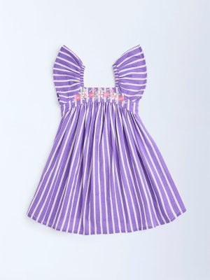 Utsa Kids Purple Striped Cotton-Blend A-Line Dress - (2-8 years)