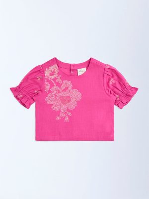 Utsa Kids Magenta Floral Design Cotton-Blend Top - (2-8yrs)
