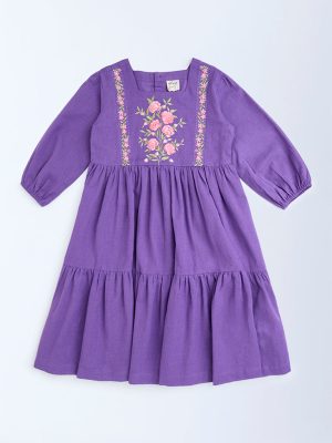 Utsa Kids Purple Floral Embroidered Cotton-Blend Tiered Dress - (8-14yrs)
