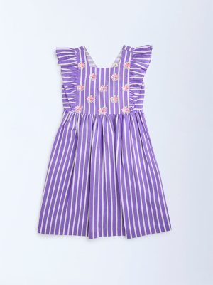 Utsa Kids Purple Striped Printed Cotton-Blend A-Line Dress - (8-14yrs)