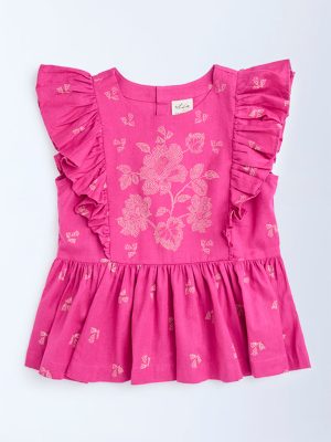 Utsa Kids Pink Bandhani Floral Cotton Peplum Top - (8-14yrs)