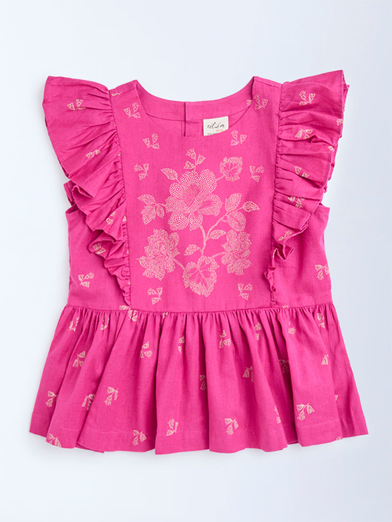 Utsa Kids Pink Bandhani Floral Cotton Peplum Top - (8-14yrs)