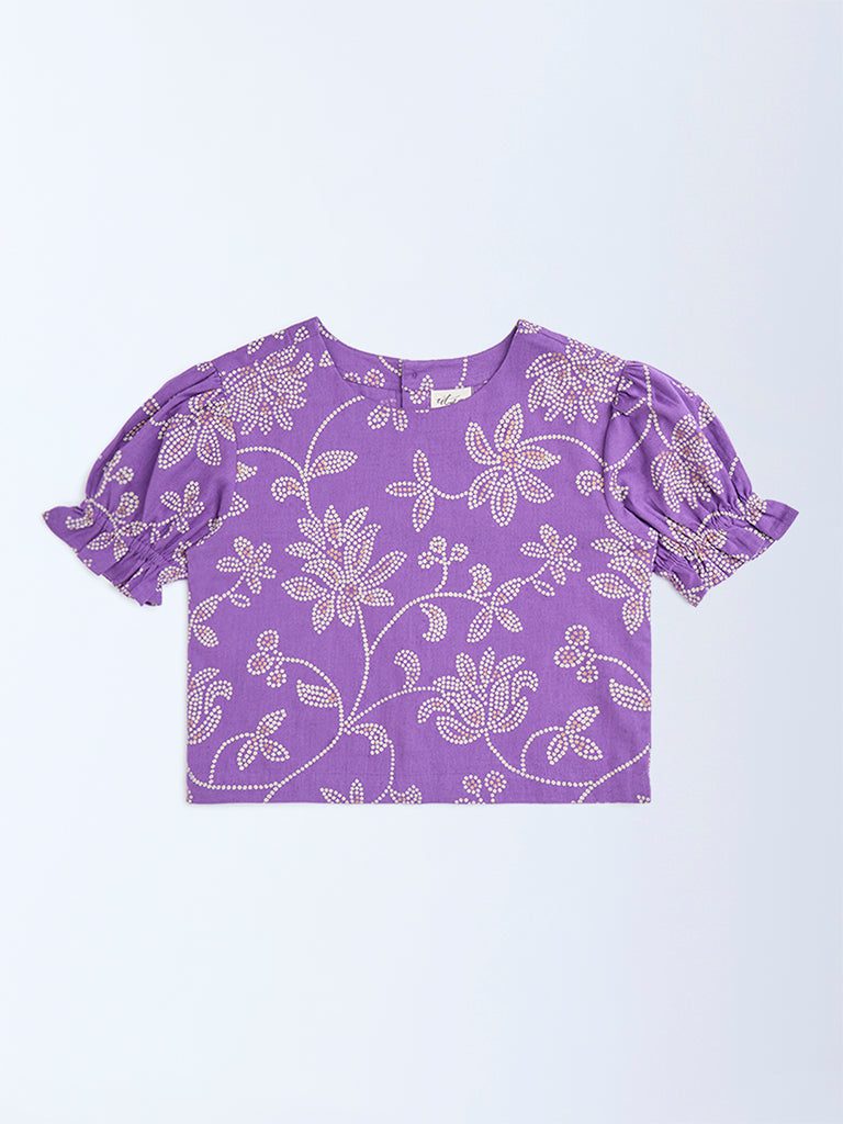 Utsa Kids Purple Bandhani Floral Cotton-Blend Top - (8-14yrs)