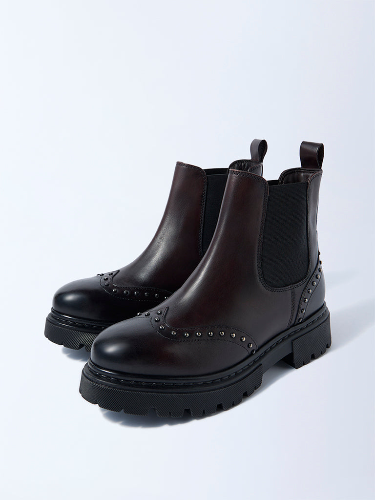 LUNA BLU Burgundy Stud-Detailed Chelsea Leather Boots - Image 4
