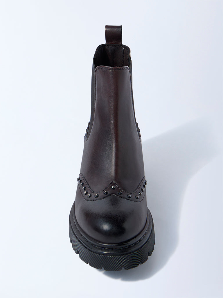 LUNA BLU Burgundy Stud-Detailed Chelsea Leather Boots - Image 5