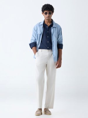 Ascot Beige Relaxed-Fit Mid-Rise Cotton-Blend Trousers