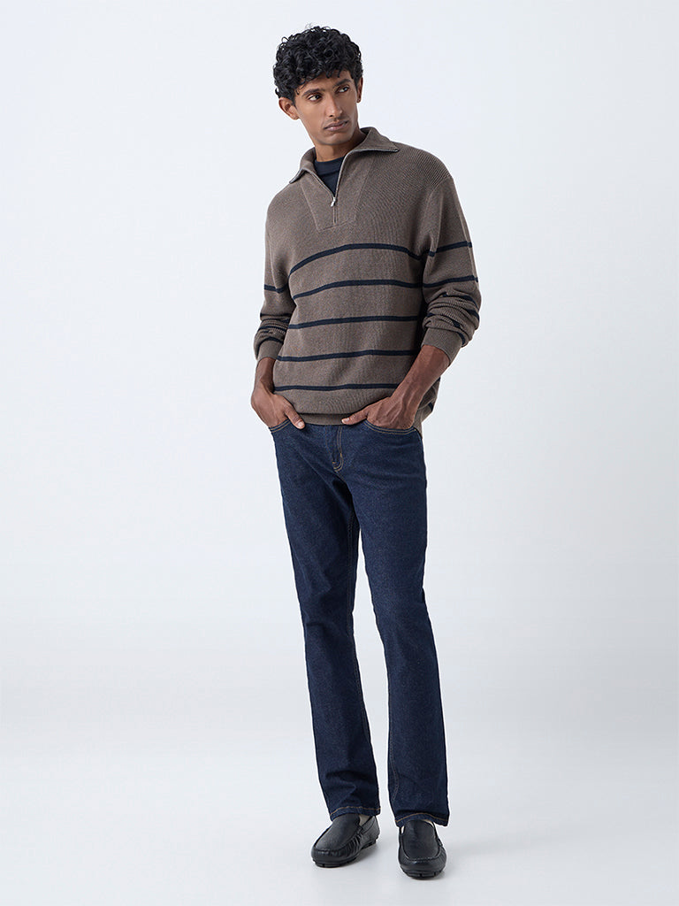 WES Casuals Brown Relaxed-Fit Cotton Quarter-Zip Sweater