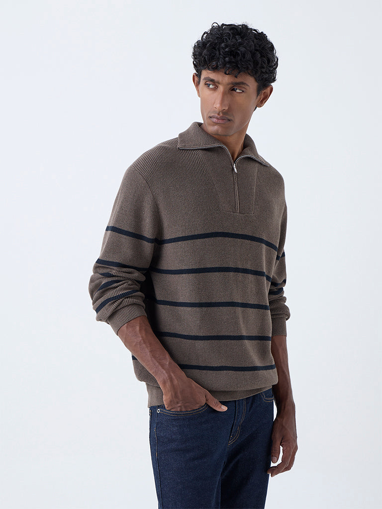WES Casuals Brown Relaxed-Fit Cotton Quarter-Zip Sweater - Image 2