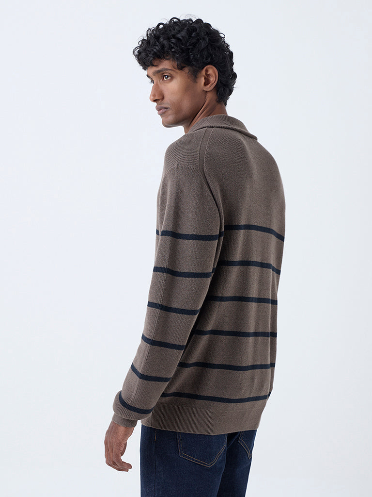 WES Casuals Brown Relaxed-Fit Cotton Quarter-Zip Sweater - Image 4