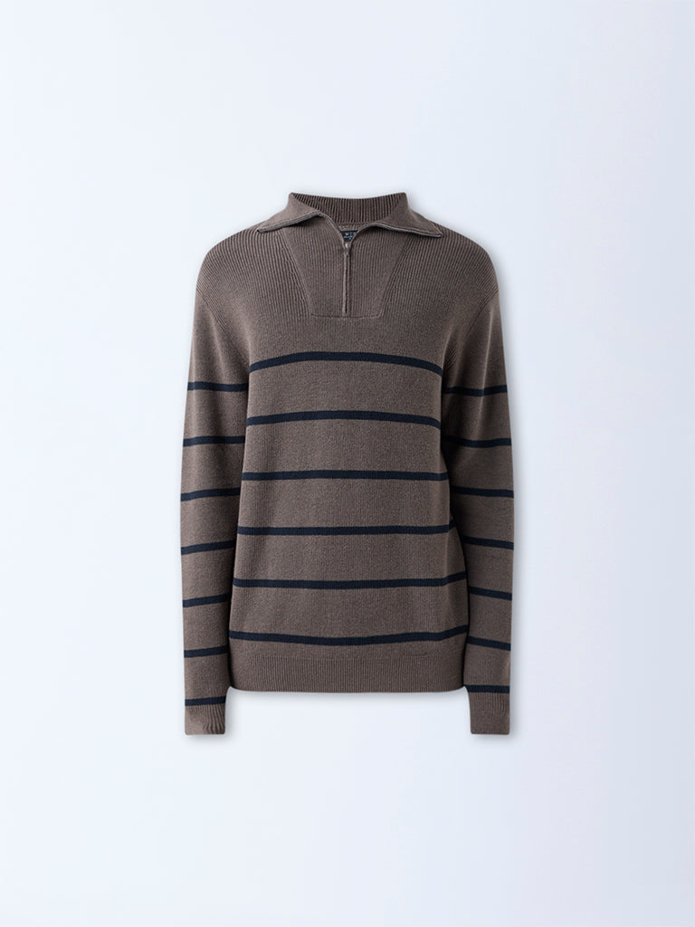 WES Casuals Brown Relaxed-Fit Cotton Quarter-Zip Sweater - Image 5