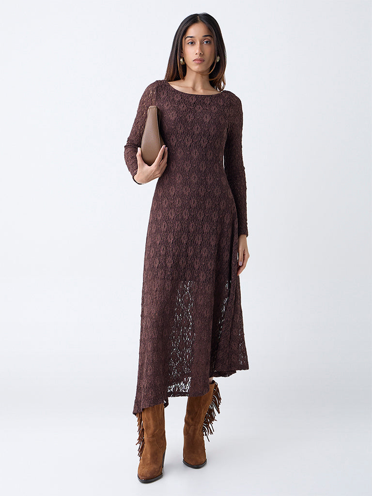 LOV Dark Brown Lace Detailed Midi Dress