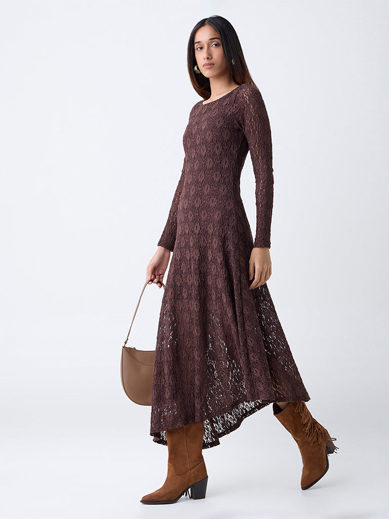 LOV Dark Brown Lace Detailed Midi Dress - Image 2