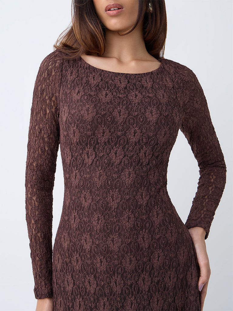 LOV Dark Brown Lace Detailed Midi Dress - Image 3