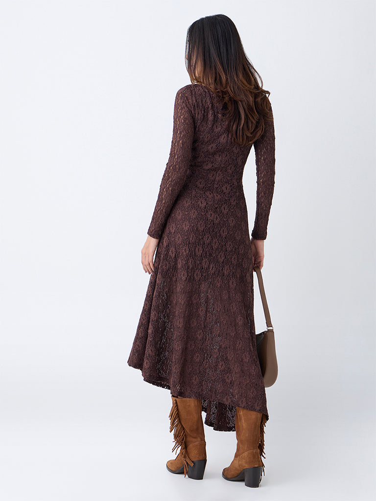 LOV Dark Brown Lace Detailed Midi Dress - Image 4