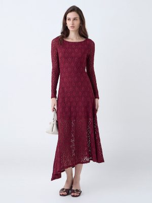 LOV Burgundy Floral Lace Detailed Fishtail Dress
