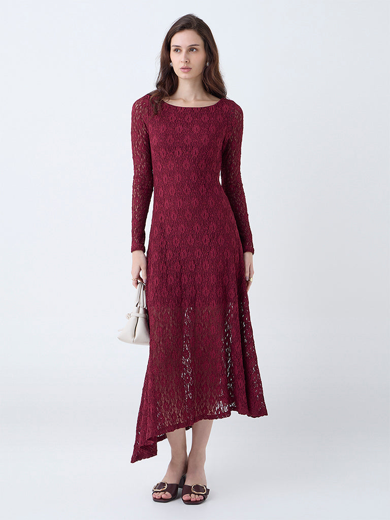 LOV Burgundy Floral Lace Detailed Fishtail Dress
