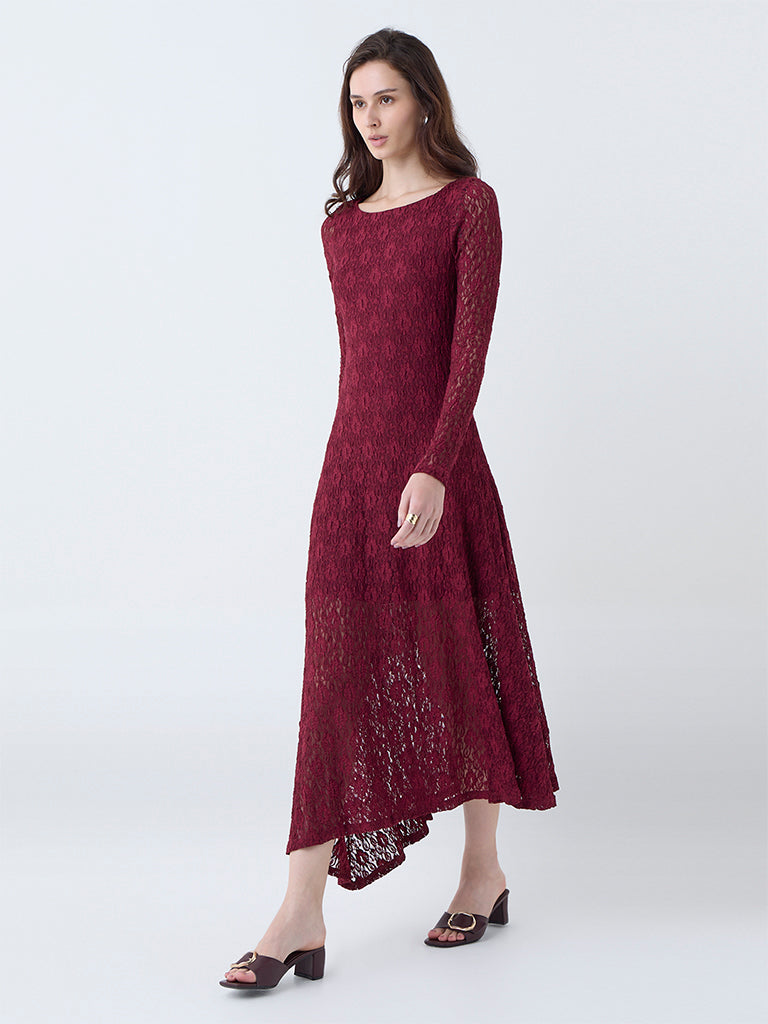 LOV Burgundy Floral Lace Detailed Fishtail Dress - Image 2