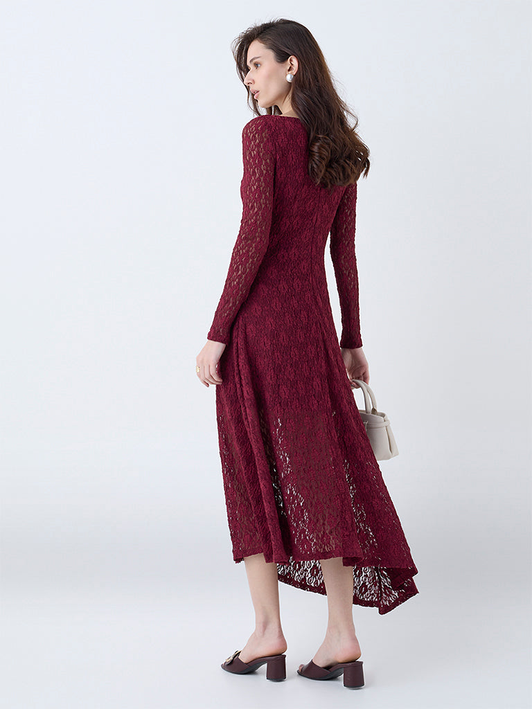 LOV Burgundy Floral Lace Detailed Fishtail Dress - Image 4