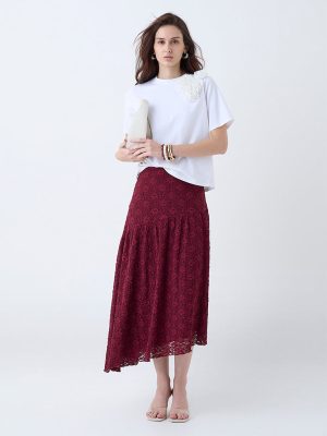 LOV Burgundy Floral Lace Detailed High-Rise Skirt