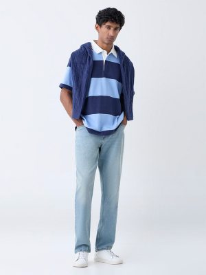 WES Casuals Navy Relaxed Fit Cotton-Blend Polo T-Shirt