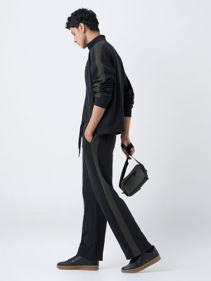 Studiofit Black Striped Relaxed-Fit Mid-Rise Track Pants