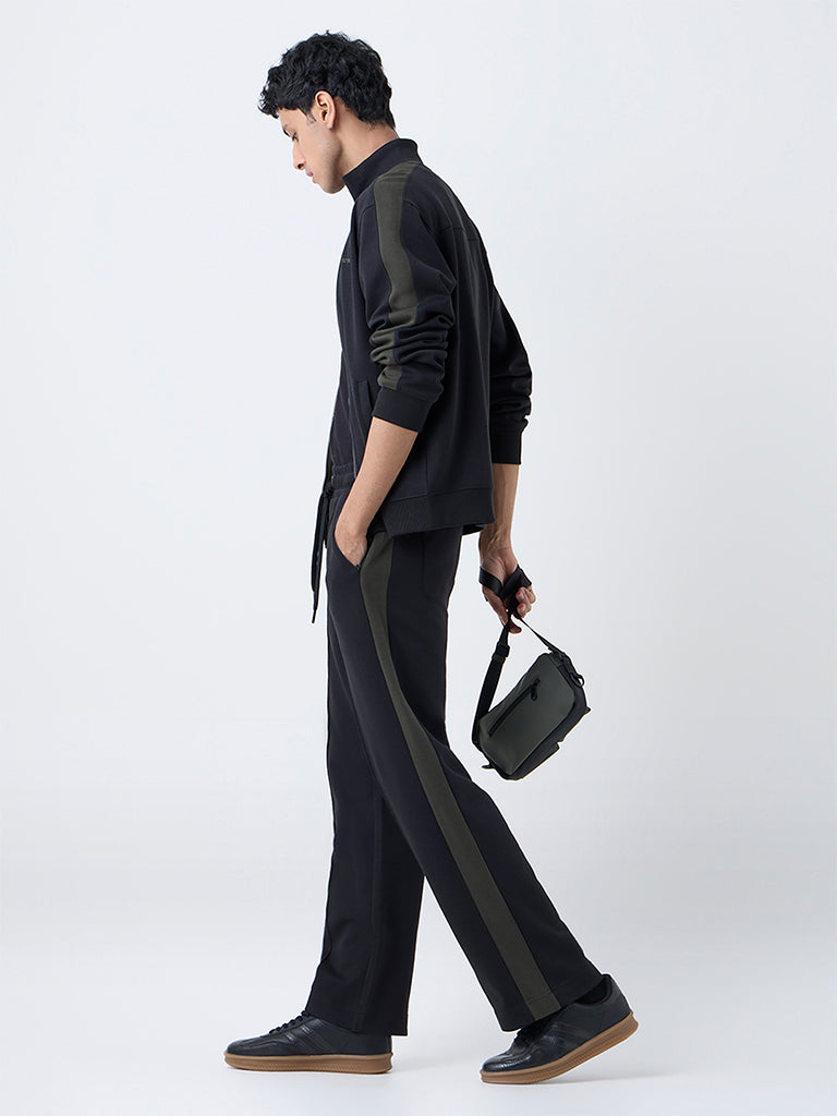 Studiofit Black Striped Relaxed-Fit Mid-Rise Track Pants