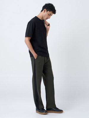 Studiofit Olive Striped Relaxed-Fit Mid-Rise Track Pants