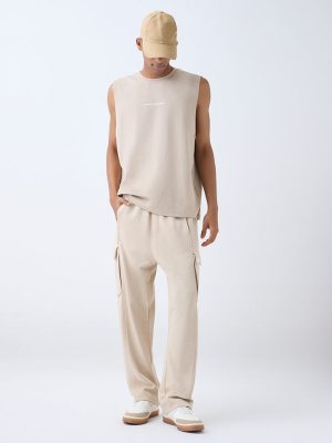 Studiofit Beige Relaxed-Fit Mid-Rise Cotton-Blend Track Pants
