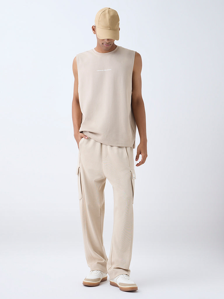 Studiofit Beige Relaxed-Fit Mid-Rise Cotton-Blend Track Pants