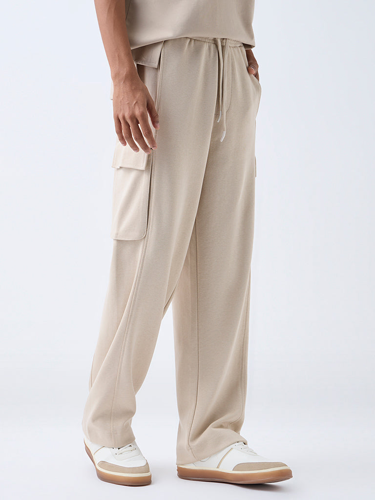 Studiofit Beige Relaxed-Fit Mid-Rise Cotton-Blend Track Pants - Image 3